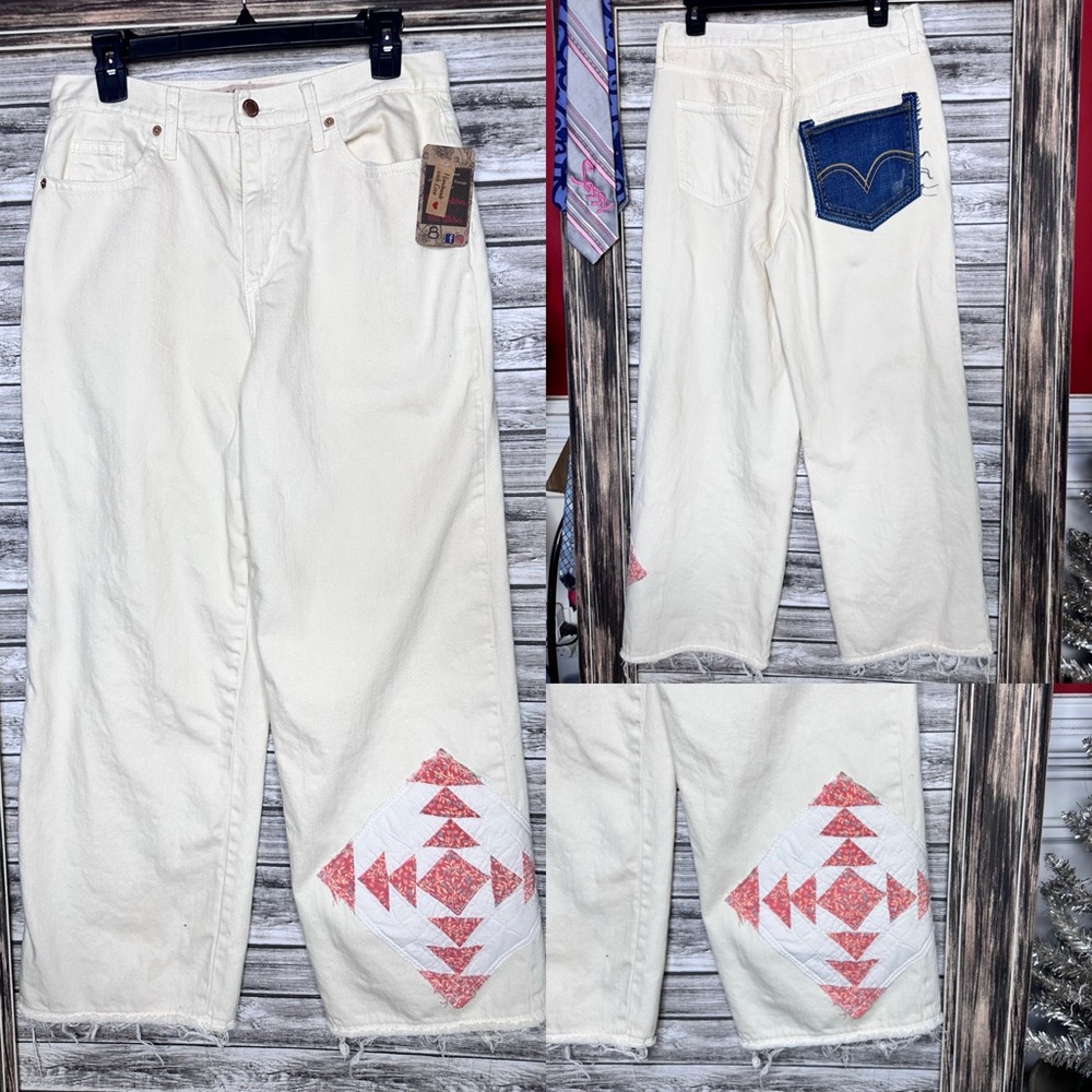 UpCycled Recycled Reworked Loose Wide Leg Cream Denim Jeans Vintage Quilt Levi
